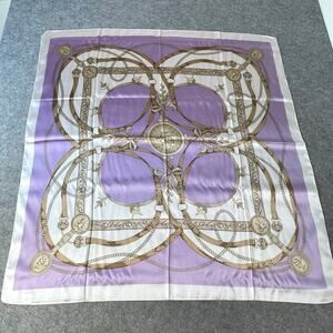 100% Silk Scarf 35"x34" Purple/Brown/White Equestrian Belt Bear Floral in Box